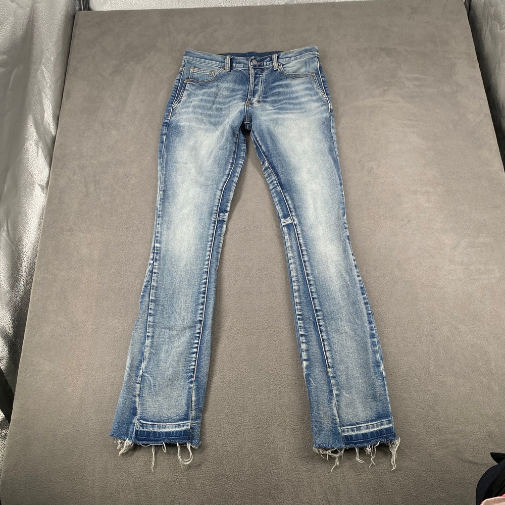 MNML M1 Stretch Denim Jeans Light Blue Frayed Raw Hem Slim Fit Mens 30